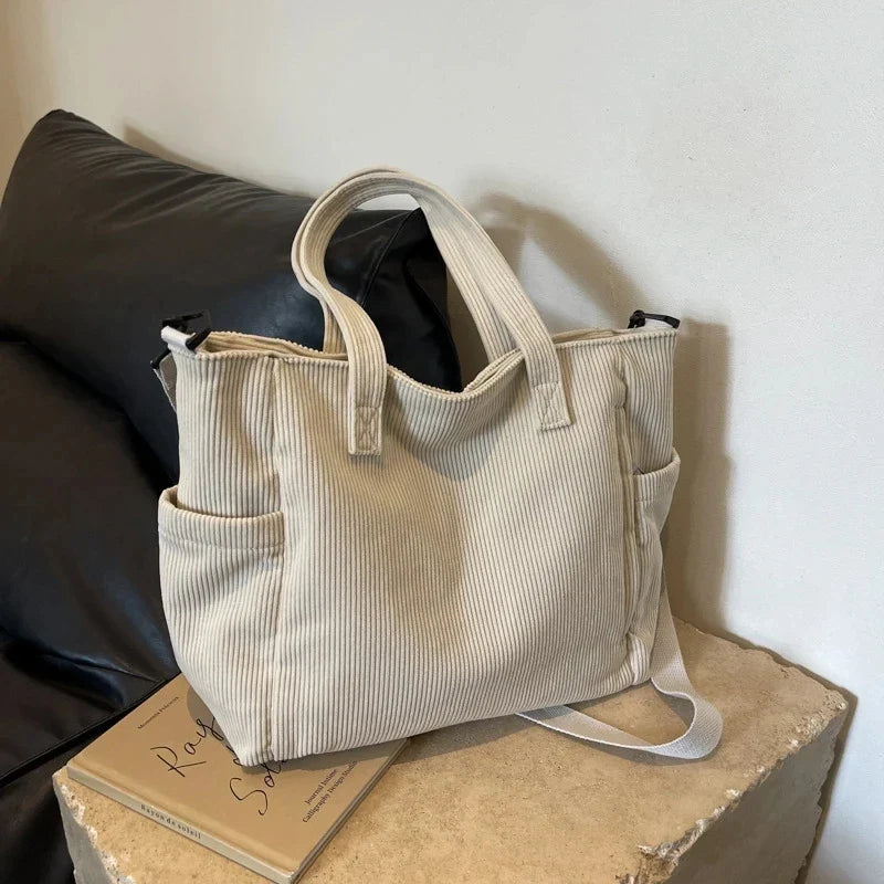 Corduroy Tote Bag - Women's Multi-Pocket Crossbody Shoulder Bag with Adjustable Strap