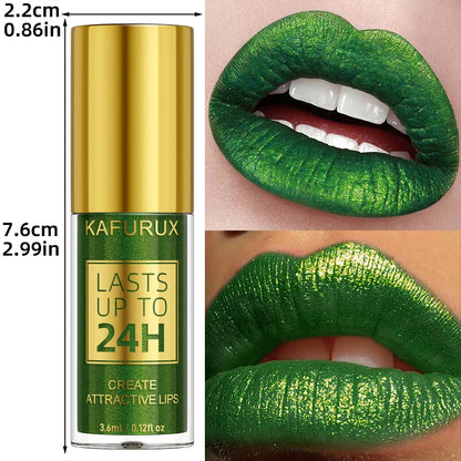 Green Glitter Lip Glaze – Waterproof, Long-Lasting Metallic Lip Gloss with Bold Pearlescent Tint Makeup