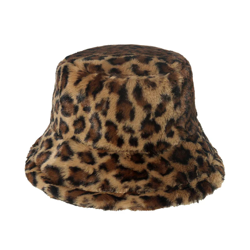Women’s Winter Bucket Hat – Fashion Leopard Panama, Warm Vintage Faux Fur Fisherman Cap