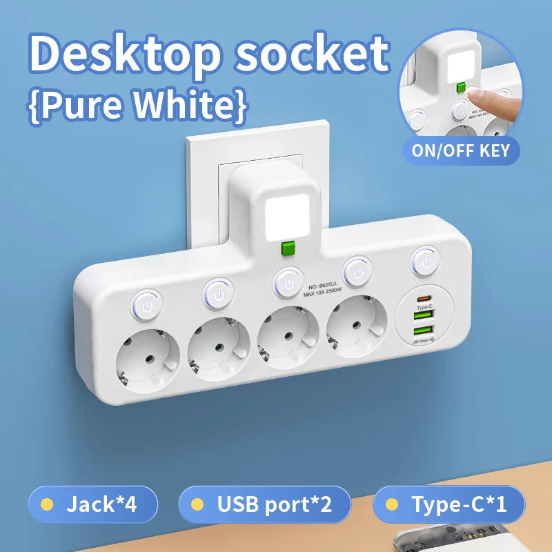 EU Plug Power Strip – 4 AC Outlets, 2 USB & 1 Type-C Ports with Independent Switch and Night Light