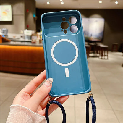 Slide Camera Protection Crossbody MagSafe iPhone Case with Lanyard – Magnetic Silicone Cover for iPhone 11–16 Pro/Pro Max