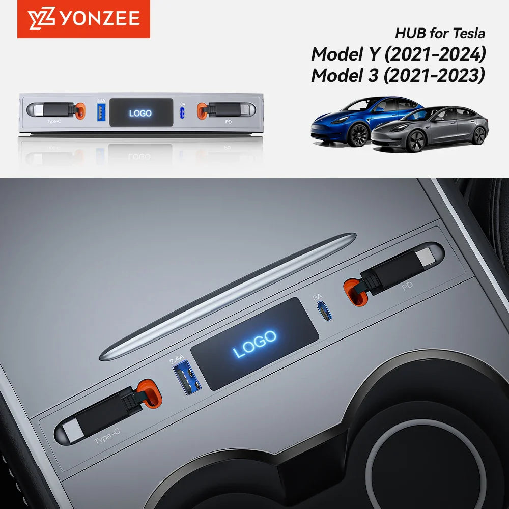 YZ 27W Quick Charger & USB Hub for Tesla Model 3/Y 2023 — Intelligent Car Docking Station & Adapter
