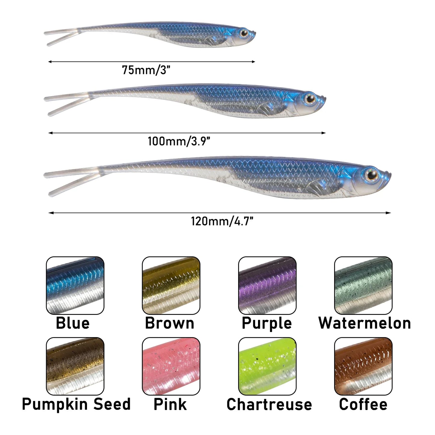 Dr.Fish 5/6pcs Soft Fishing Lures — Saltwater Silicone Fork Tail Drop Shot Baits for Bass, Trout, Pike, Walleye, Weedless
