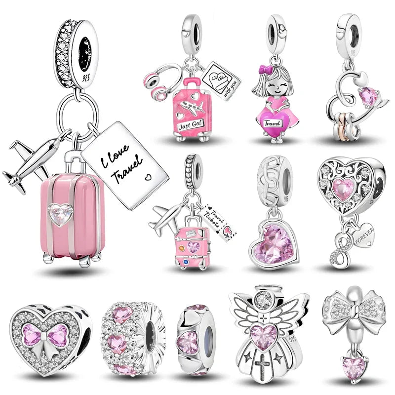 925 Sterling Silver Pink Heart Charm - Zircon Love Pendant Bead for DIY Bracelets, Bangles & Women’s Jewelry