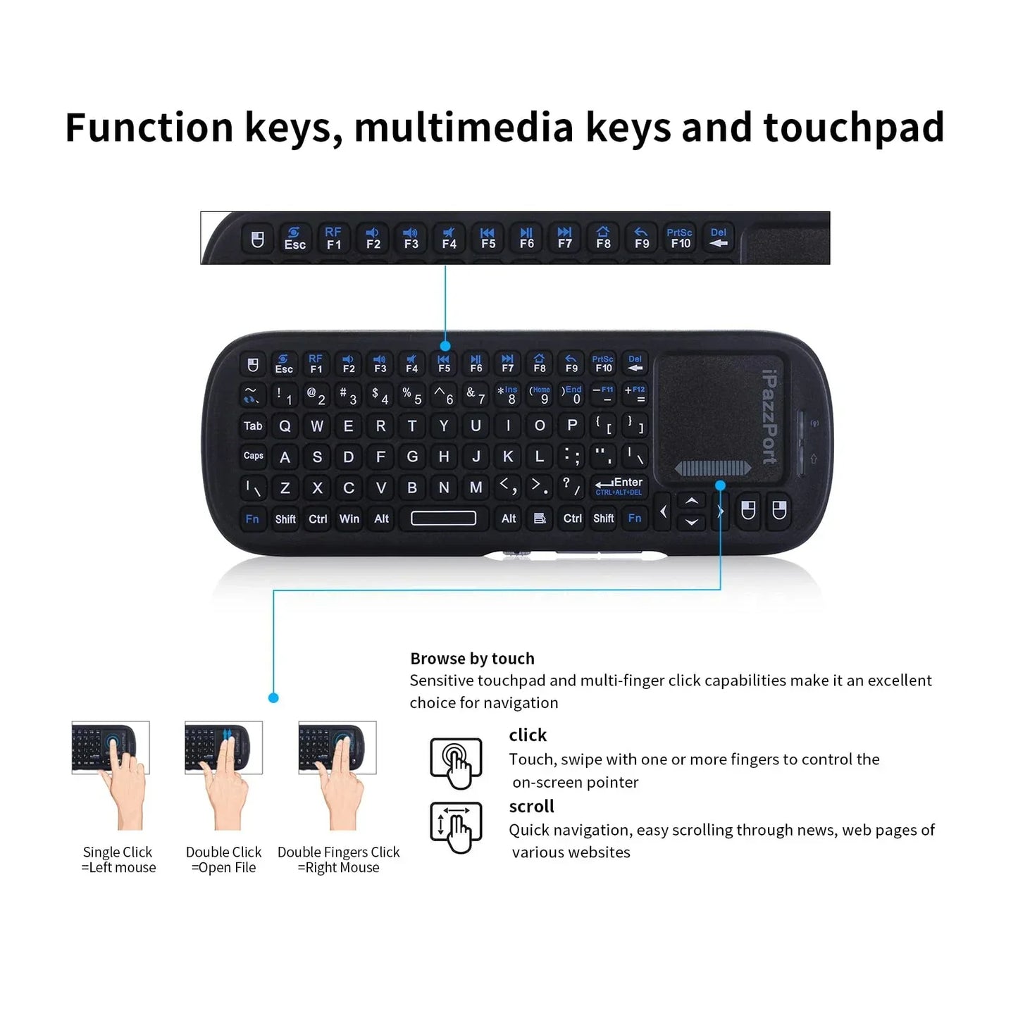 iPazzPort Mini Wireless Keyboard with Touchpad – Bluetooth & 2.4GHz for Android TV, PC, Tablet, PS4, Raspberry Pi