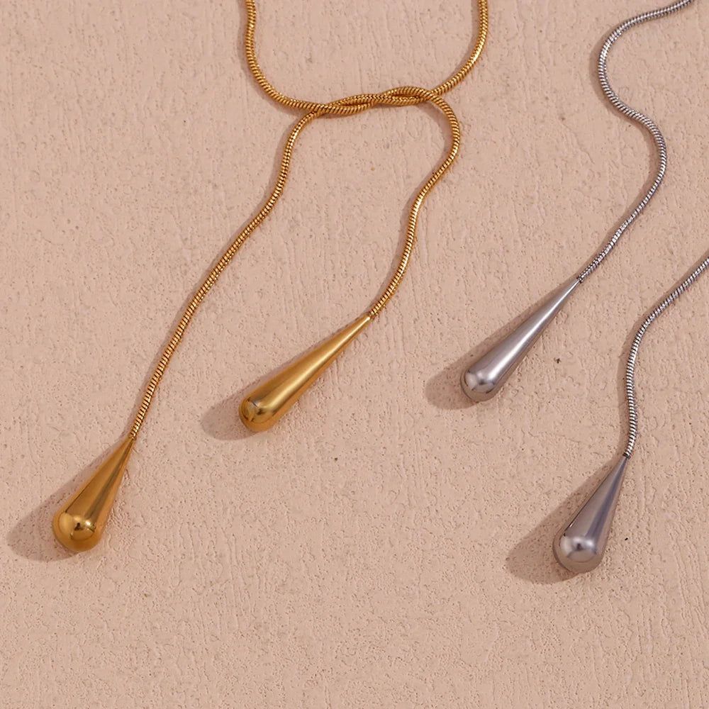 Two Water Drop Snake Chain Necklace – Tarnish-Free Silver & 18K Gold Plated Stainless Steel Jewelry for Women
