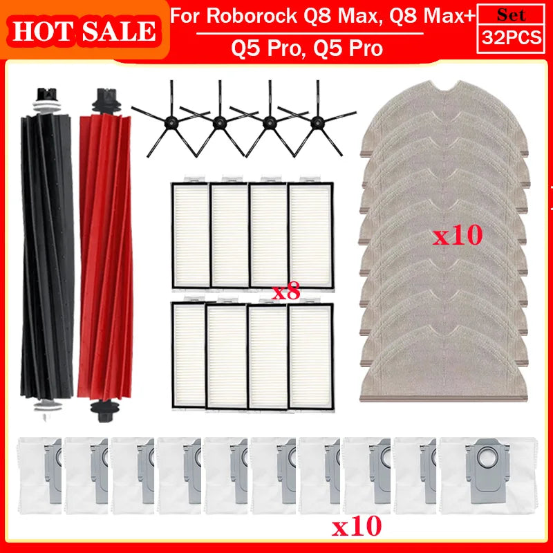 Roborock Q5 Pro & Q8 Max Replacement Parts – Main Brush, Side Brush, HEPA Filter, Mop & Dust Bag Accessories