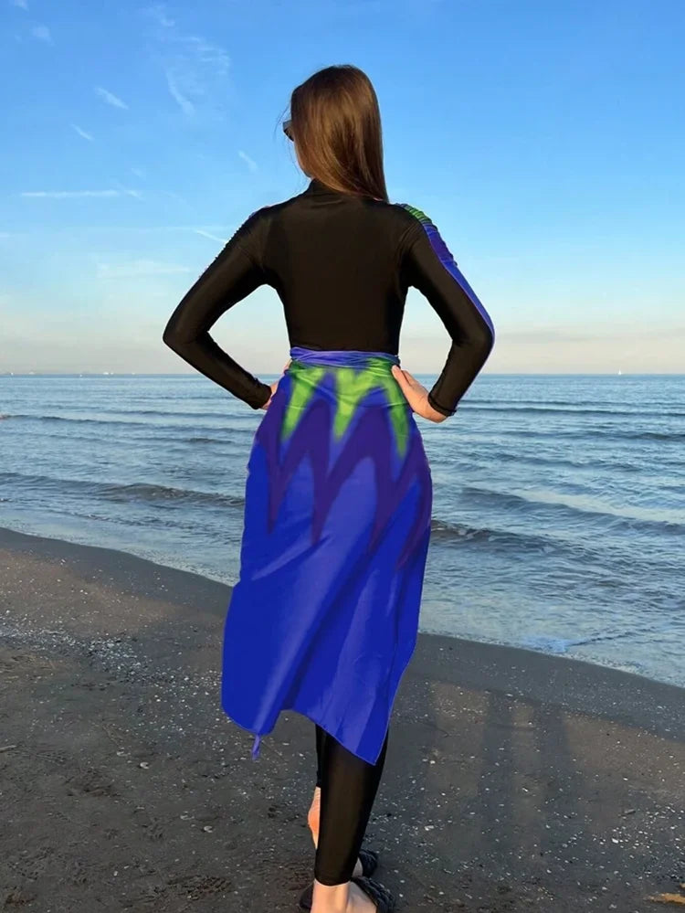 Women’s Muslim Burkini Swimsuit – Long Sleeve Zipper UV Sun Protection Modest Swimwear Gradient Sunset Red Orange Purple Beachwear