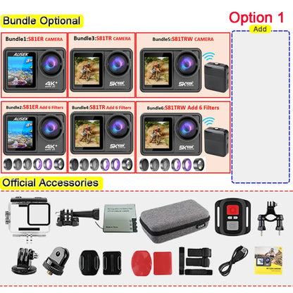 AUSEK S81TRW 5K Action Camera – 4K60FPS, 48MP, EIS, 5X Zoom, 1080P Webcam, Wi-Fi Vlog Sports Cam with Remote & Optional Filters