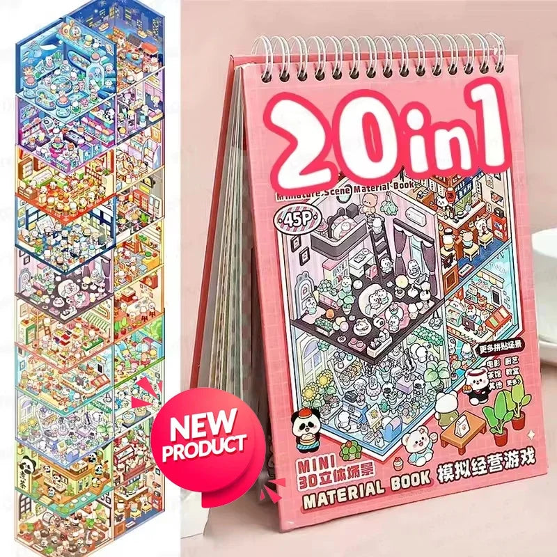 NEW 20Pcs 20-in-1 Cartoon Landscape Sticker Book – DIY 3D Pocket Cabin Scene Stickers for Kids Gift