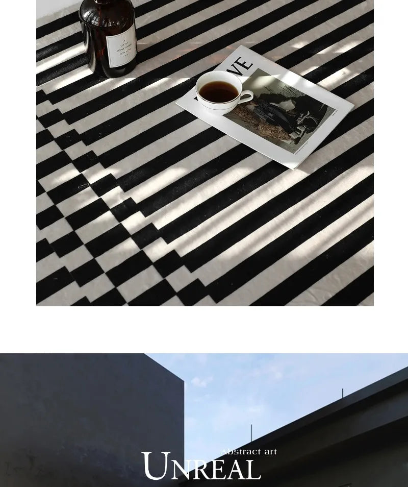 Light Luxury Black & White Plaid Rug — Fluffy Soft Carpet for Bedroom, Living Room, Study, and Home Decor