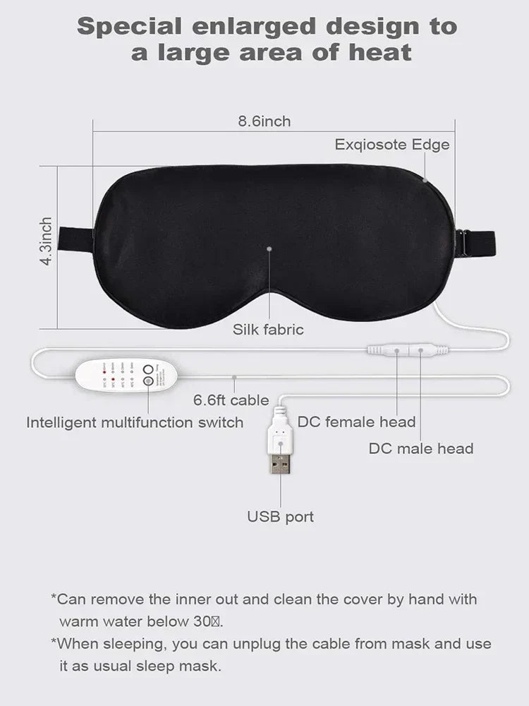 USB Heated Silk Eye Mask — Reusable Steaming Eye Massager for Sleep, Puffiness, Dark Circles & Eye Care