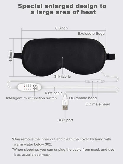 USB Heated Silk Eye Mask — Reusable Steaming Eye Massager for Sleep, Puffiness, Dark Circles & Eye Care