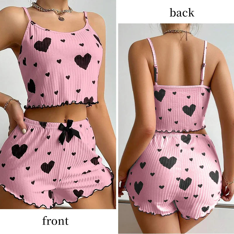 Women's 2PC Pajama Set – Soft Sleeveless Tank & Shorts | Casual Sleepwear with Love Print (S- L, White)
