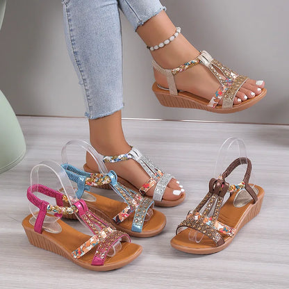Women's Bohemian Wedge Sandals – Rhinestone Peep Toe Platform Casual Summer Beach Shoes