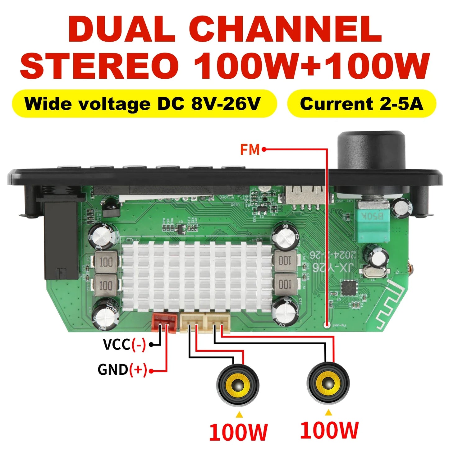 200W Bluetooth Amplifier Board - DIY MP3 WAV Decoder with USB, TF Card, FM Radio & Microphone, DC 12V