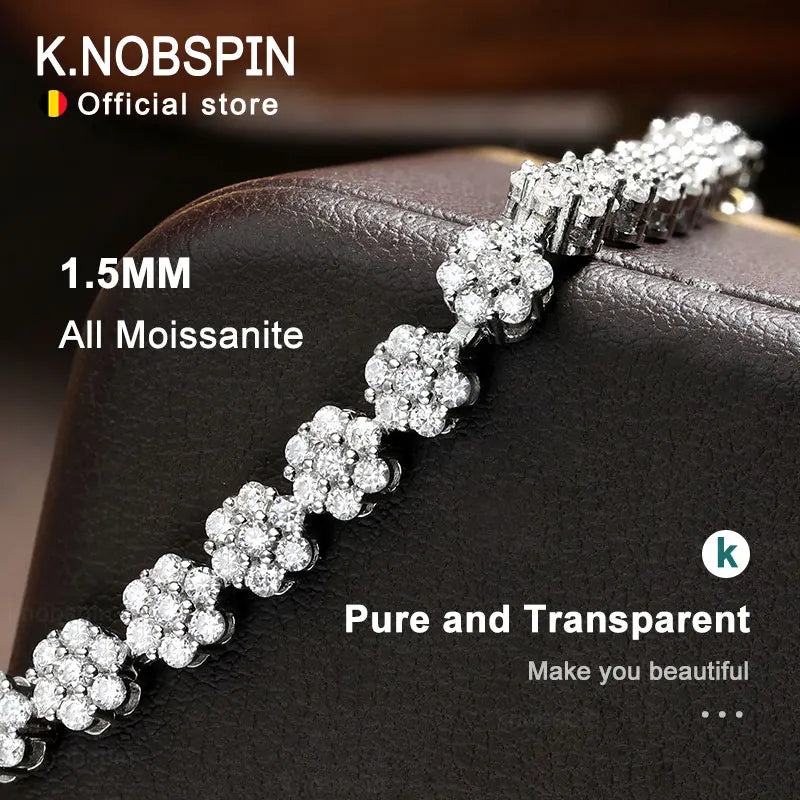 KNOBSPIN D VVS1 Moissanite Tennis Bracelet – Full Diamond, GRA Certified, 925 Sterling Silver White Gold Flower Bracelet for Men & Women