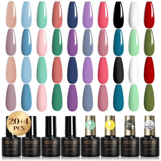 ROSALIND 24PCS Gel Nail Polish Set with Base & Top Coat – Long-Lasting Soak Off Nail Gel Kit