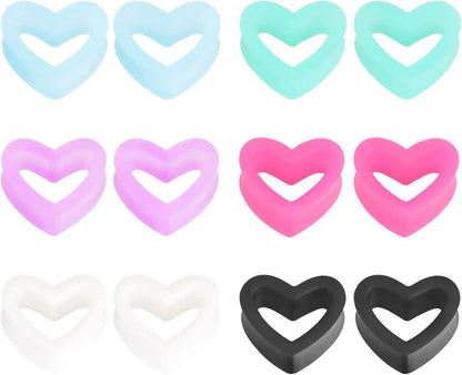 6 Pairs Heart Shape Silicone Ear Gauges – Flexible Double Flared Piercing Tunnels (2g to 1 inch) Stretch Ear Plug Body Jewelry Set