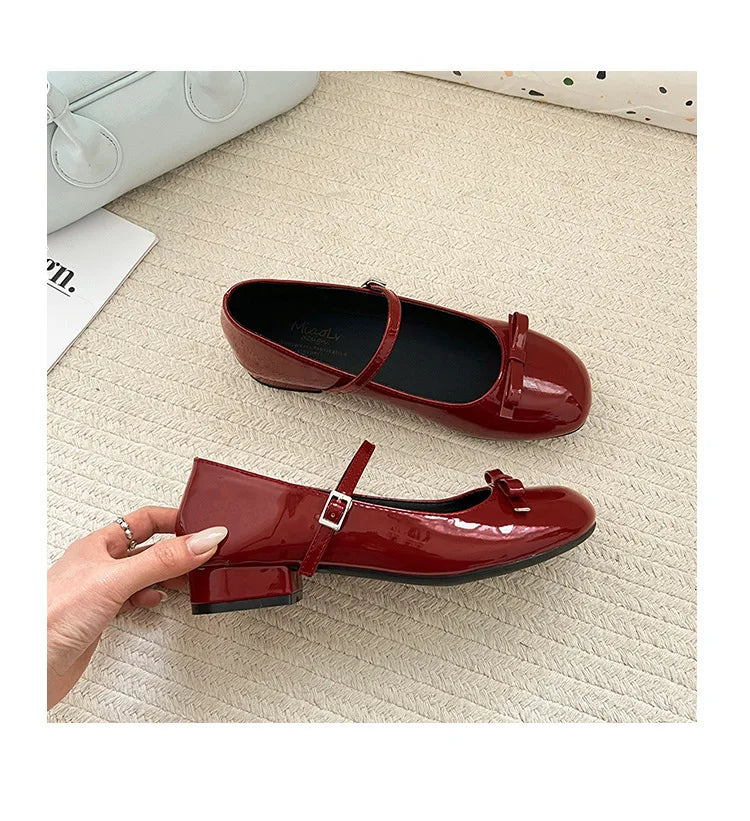 Spring Autumn Wine Red Mary Jane Shoes – Women’s Low Heel Leather Flats with Butterfly Knot & Round Toe
