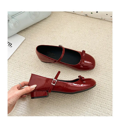 Spring Autumn Wine Red Mary Jane Shoes – Women’s Low Heel Leather Flats with Butterfly Knot & Round Toe