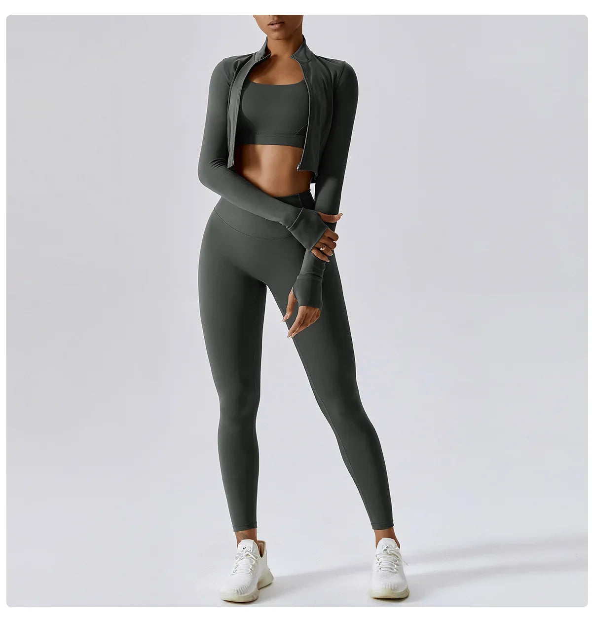 3PCS Women’s Yoga & Workout Set – Long Sleeve Zipper Top with High Waist Leggings Fitness Sportswear