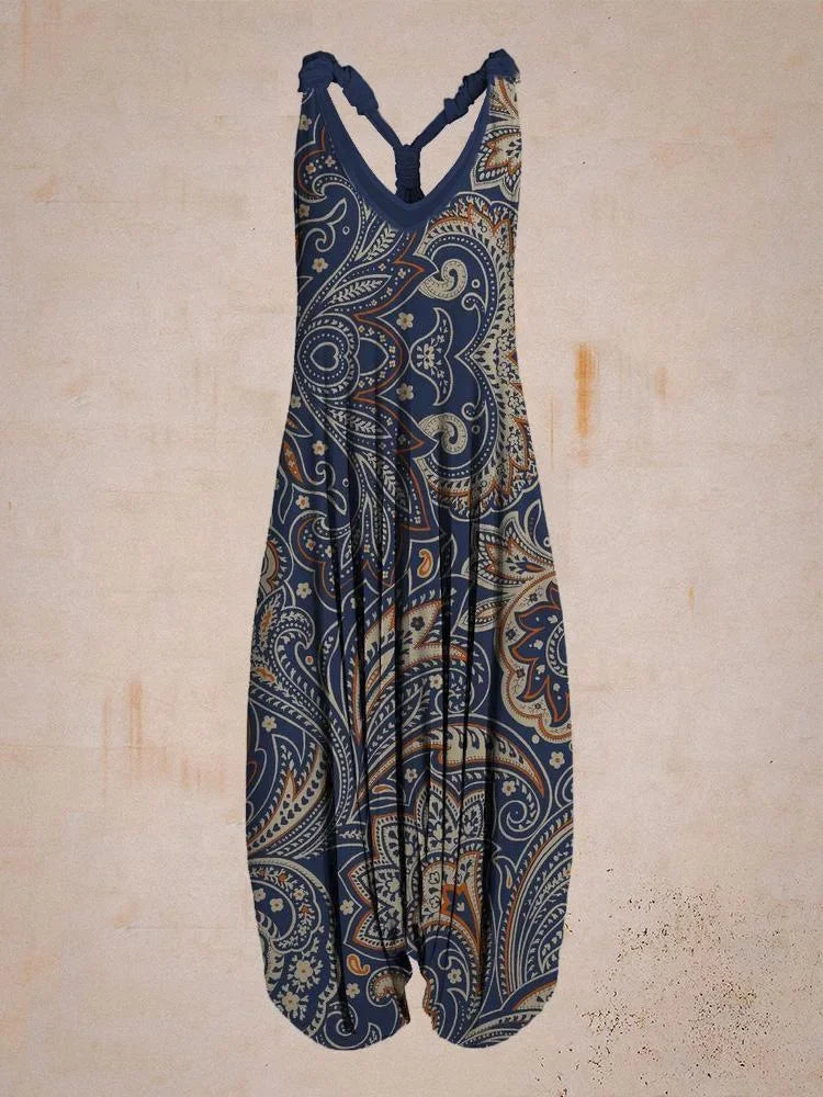 Bohemian Wide Leg Jumpsuit - Vintage Mandala Paisley Print Loose Fit Backless Women Harem Romper