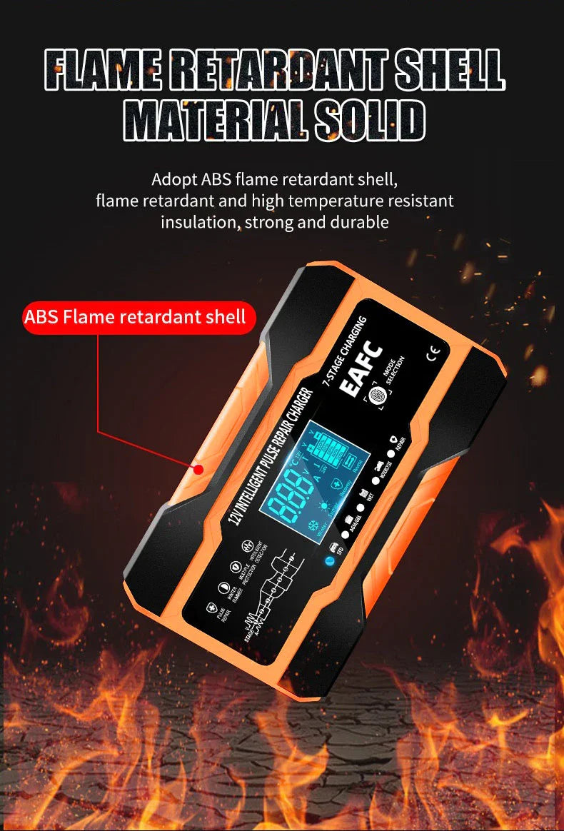 12V/24V Smart Battery Charger — 10A/12A Fast Charger with 7-Stage Pulse Repair for AGM, GEL, WET Lead-Acid Car Batteries