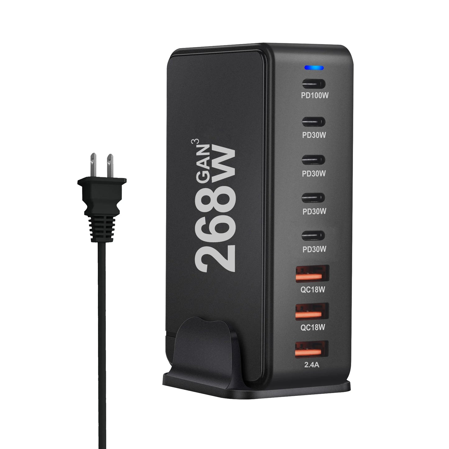268W Desktop GaN Charger – 8-Port USB Type-C PD Fast Charger with Quick Charge 3.0 for Mobile Devices