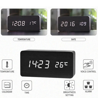 Wooden LED Digital Alarm Clock: Stylish Desk & Bedside Clock with Temperature Display