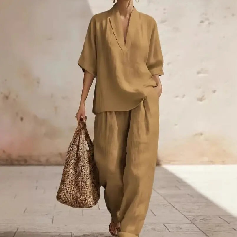 Women’s Linen Two Piece Set - 2026 Spring Summer Minimalist Solid Color European Style Casual Outfit