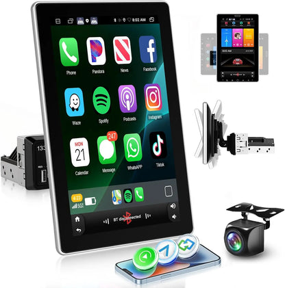 10 Inch Android 15 Car Stereo - Universal Double DIN Rotatable Touchscreen with Wireless CarPlay, GPS, Bluetooth, WiFi & Backup Camera Support