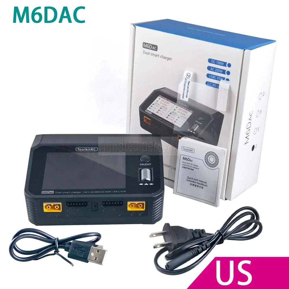 NEW ToolkitRC M6DAC Dual Channel Smart LiPo Battery Charger – 200W AC, 350W DC, 15A for 1-6S LiHV with 65W PD