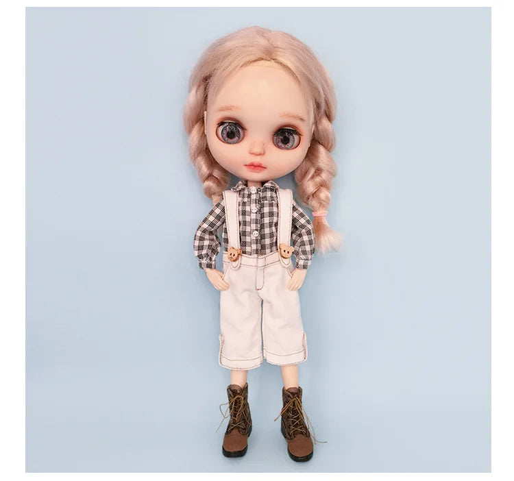 Casual Blythe Doll Clothes – Romper, Plaid Pants & Long Sleeve Top for Licca, Azone, OB24/OB27 Dolls