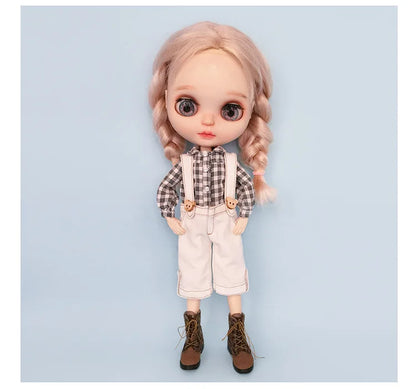 Casual Blythe Doll Clothes – Romper, Plaid Pants & Long Sleeve Top for Licca, Azone, OB24/OB27 Dolls