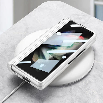 Magnetic Hinge Wrist Strap Case with Pen Slot & Screen Glass for Samsung Galaxy Z Fold 6/5/4/3 – Hard Protective Cover