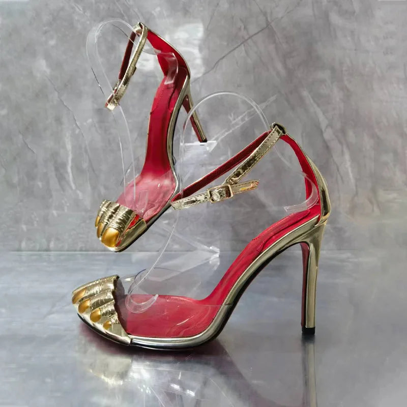 Gold Five-Toe High-Heel Sandals for Women - Slim Ankle Strap Dress Slippers