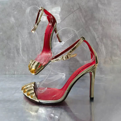 Gold Five-Toe High-Heel Sandals for Women - Slim Ankle Strap Dress Slippers