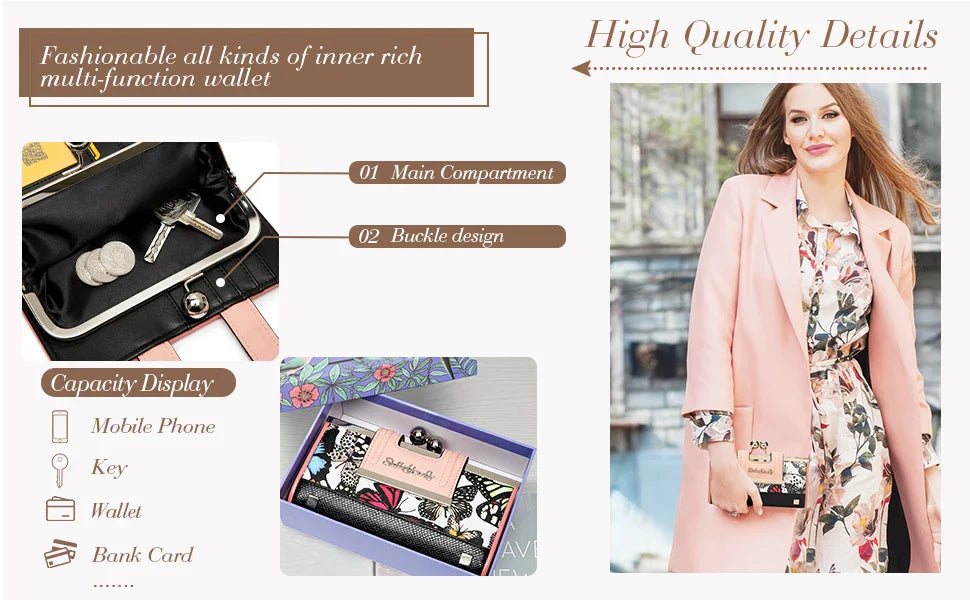 Women’s Leather Wallet — Large Capacity Long Purse with 10 Card Slots and Clips, Zero SY5025