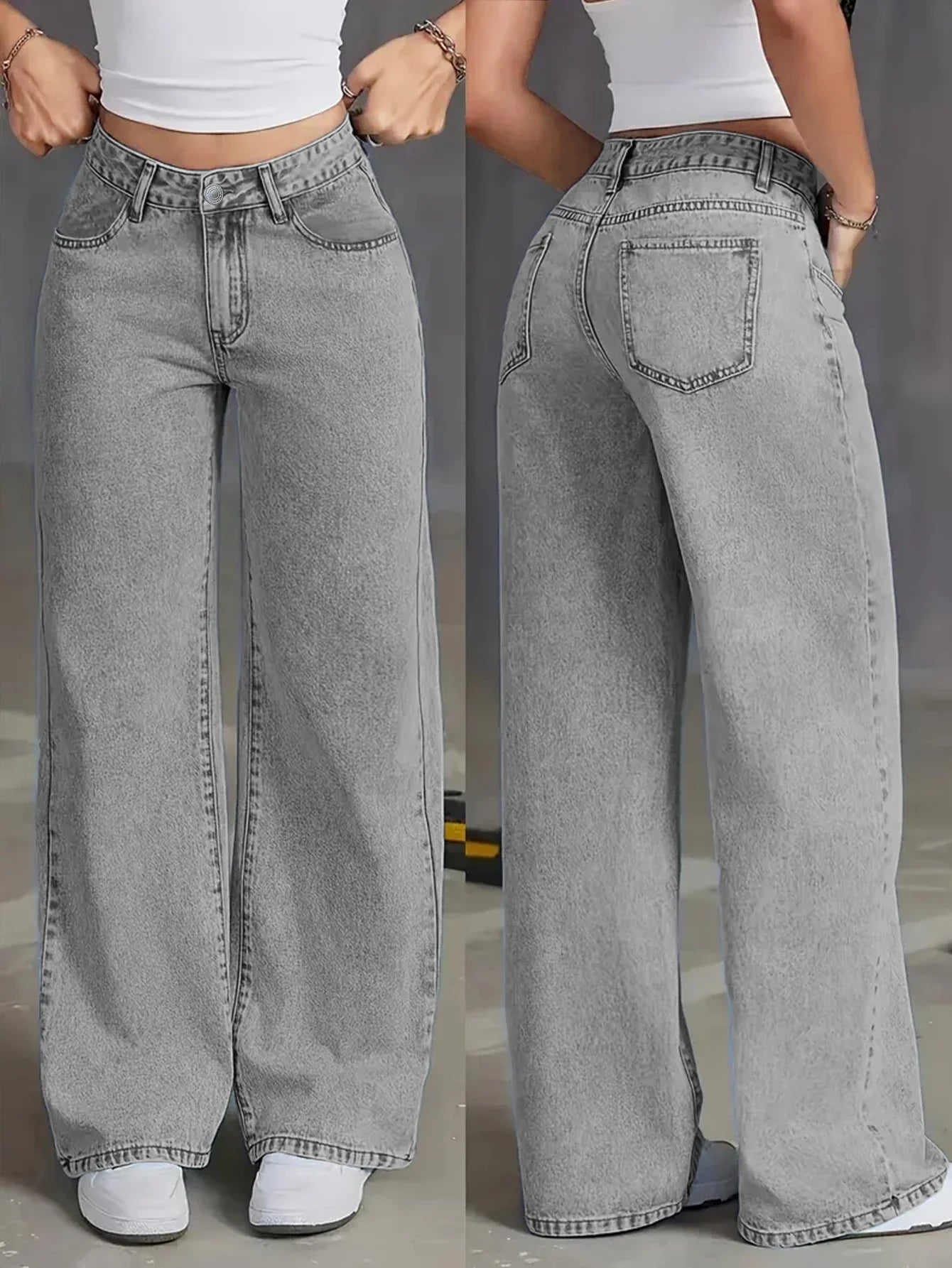 Women’s Autumn High-Waisted Wide-Leg Jeans – Light Grey Washed Loose-Fit Casual Denim Pants