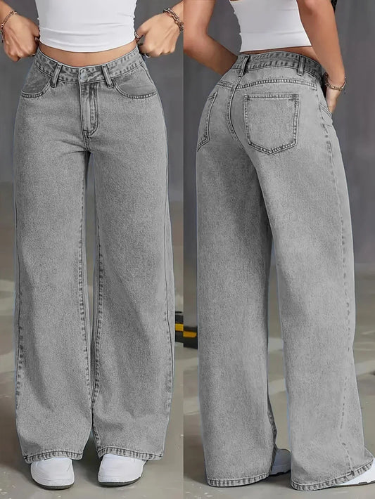Women’s Autumn High-Waisted Wide-Leg Jeans – Light Grey Washed Loose-Fit Casual Denim Pants