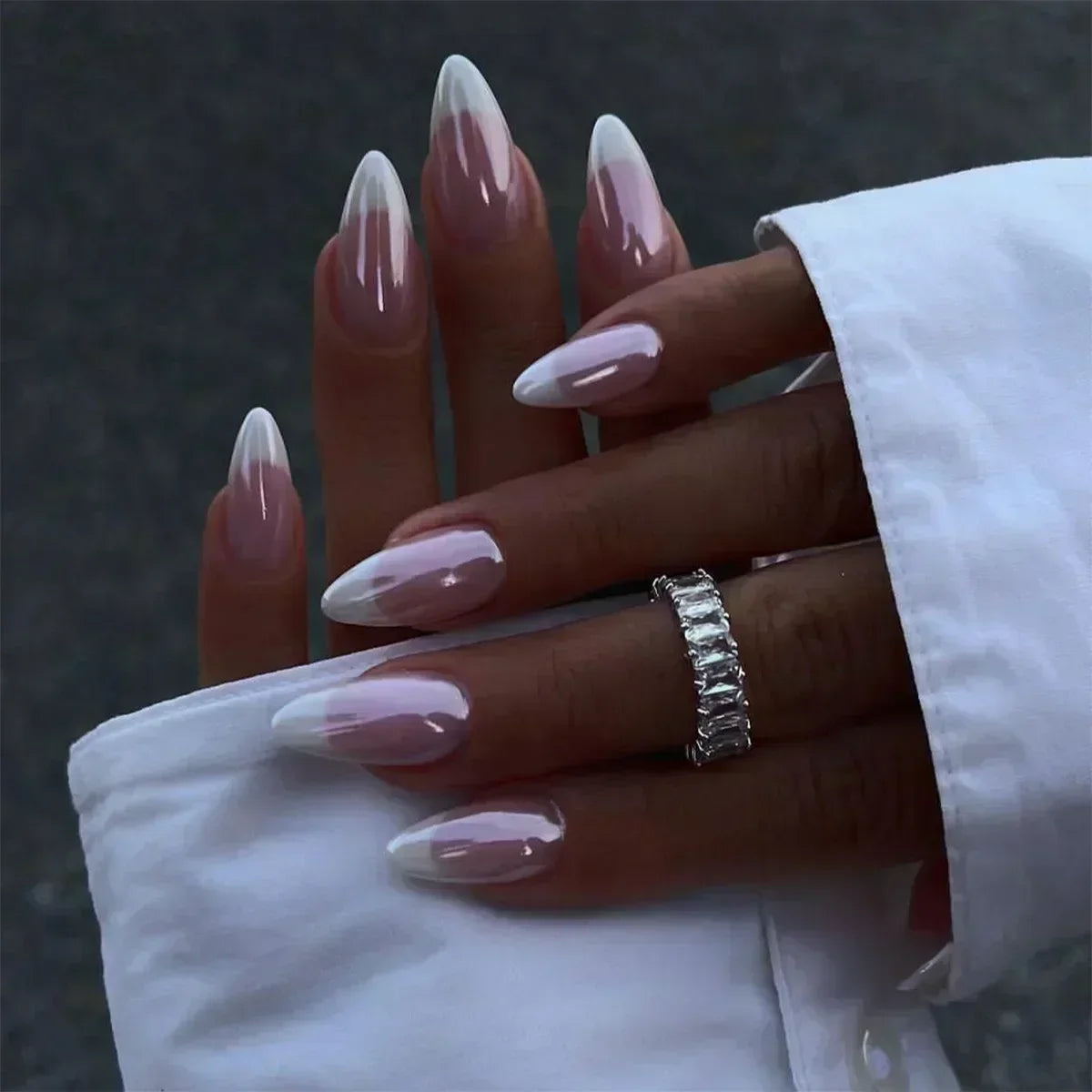 24Pcs French Press On Nails - Almond Fake Nail Tips with Glue, White Edge Design & Pink Stiletto Style Manicure Set