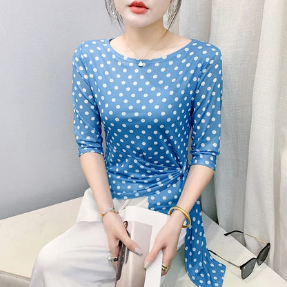 Women’s Polka Dot Mesh T-Shirt - Summer Half Sleeve Irregular Sweet Casual Top