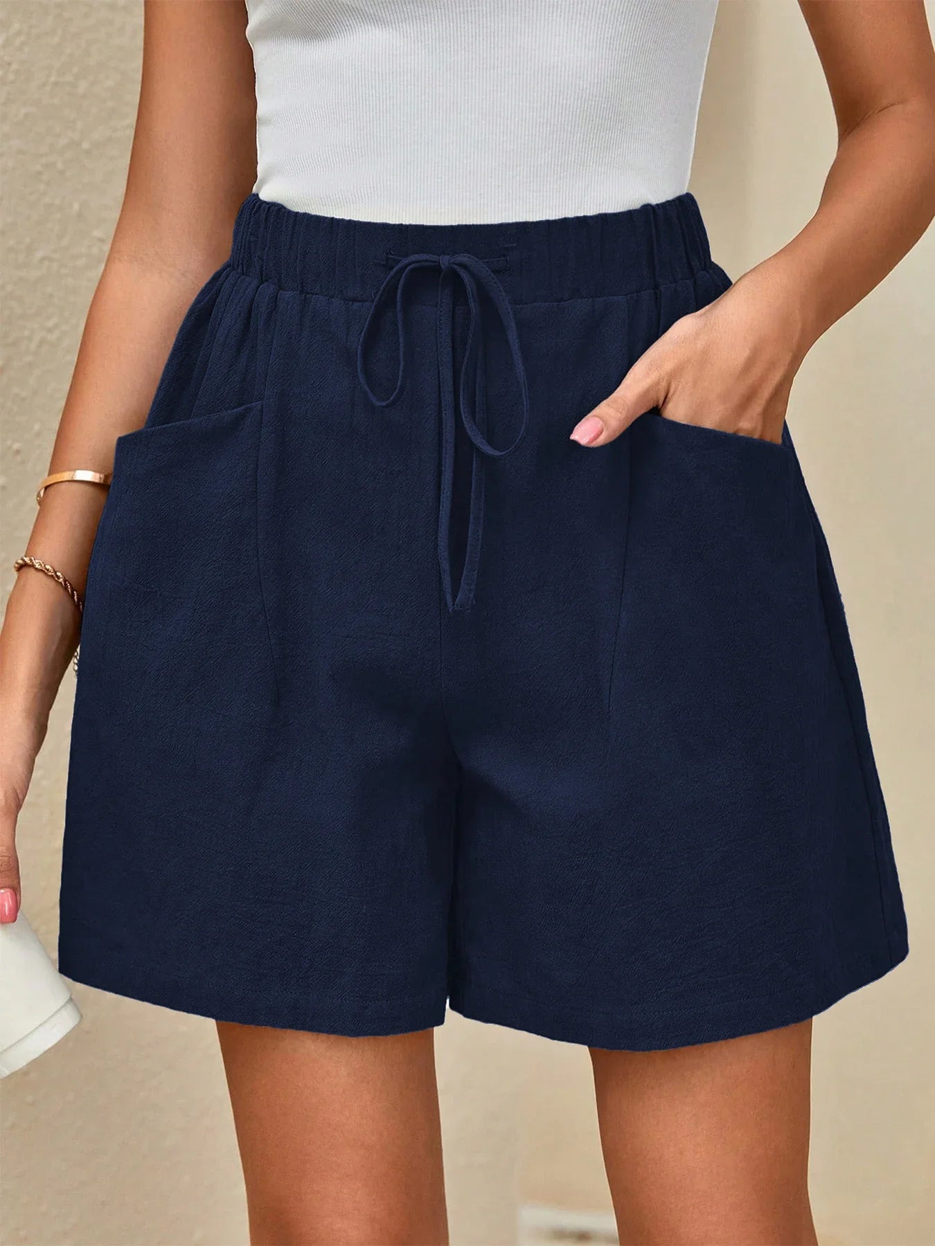Women’s Linen Summer Shorts - Solid Color Elastic Waist Drawstring Casual Shorts for Everyday Wear