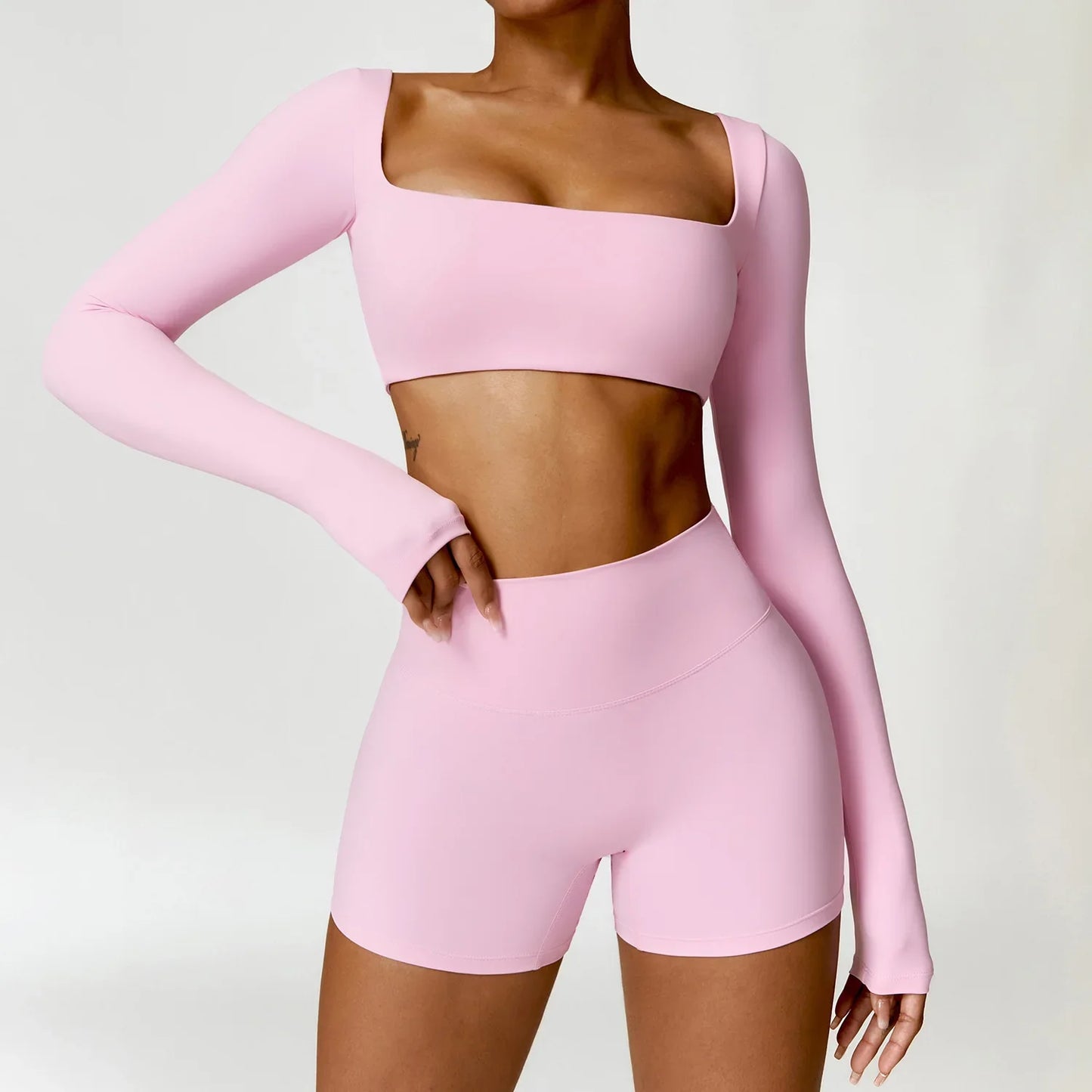 Hearuisavy 2PCS Long Sleeve Gym Set for Women, Quick-Drying Yoga Clothes, Sportswear, Running Leggings, Workout Sports Crop Top