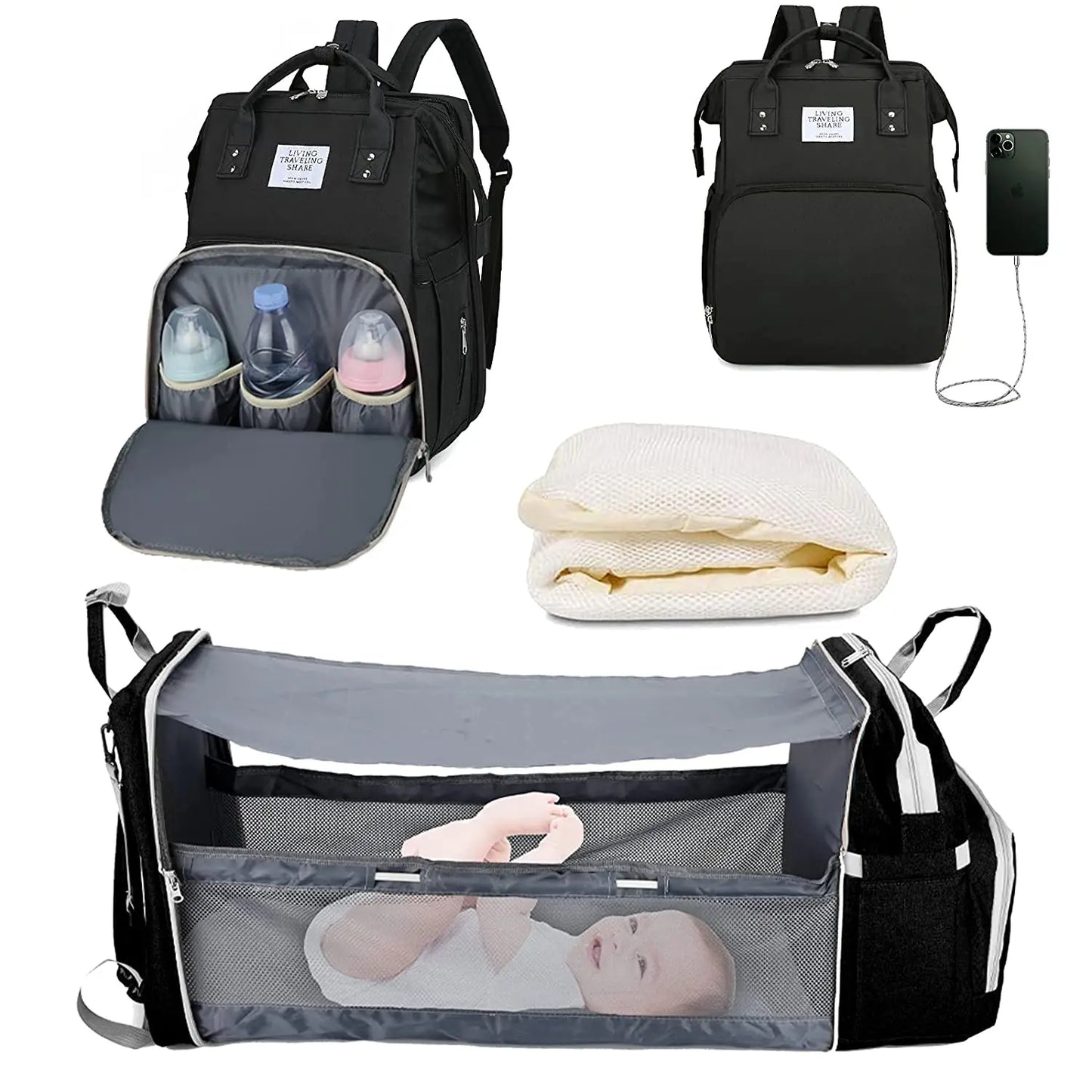 3-in-1 Diaper Bag Backpack – Waterproof Travel Bag with Foldable Baby Bed & USB Charging