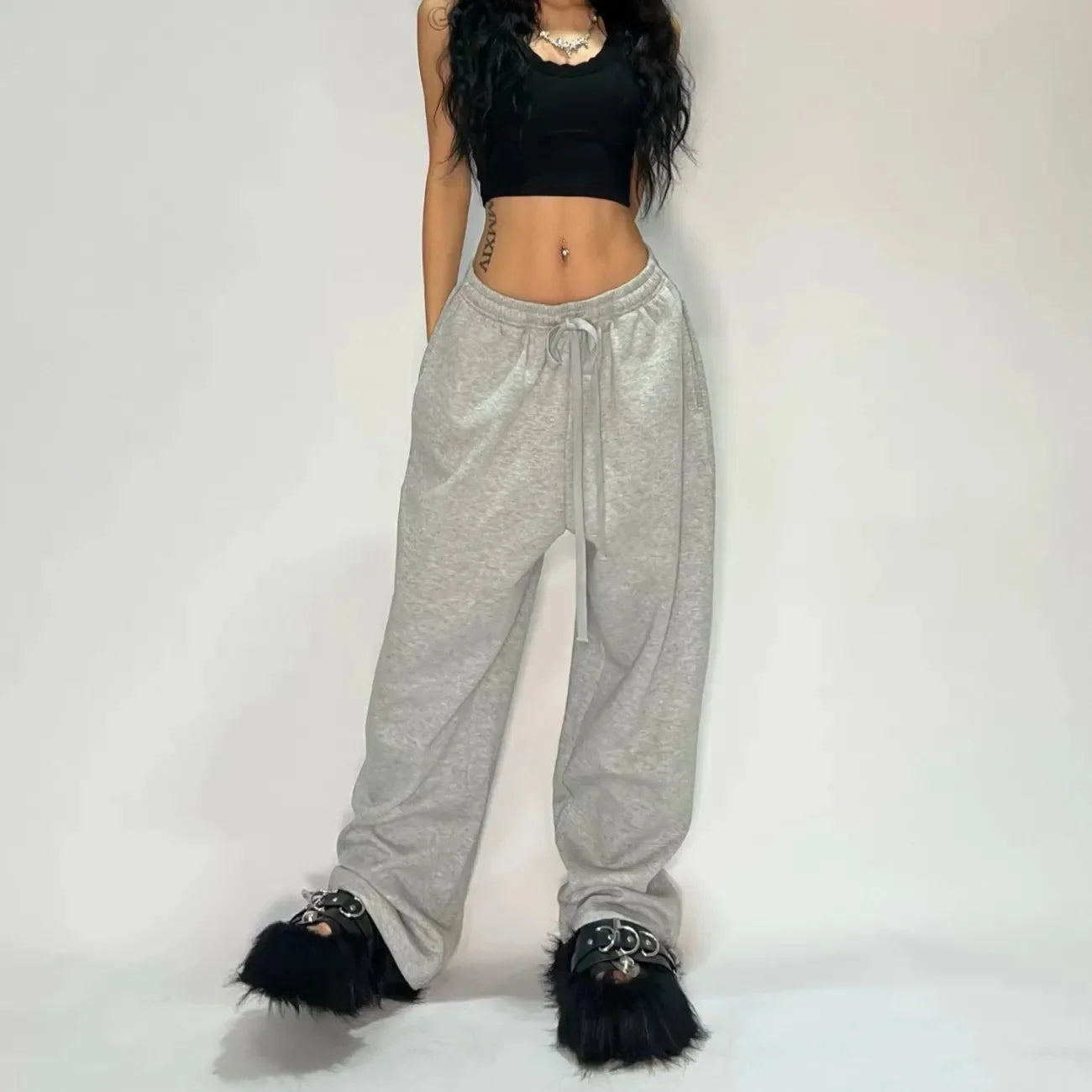 Y2K Gray Wide-Leg Cargo Pants - Vintage Tactical Drawstring Jogger Streetwear for Men & Women