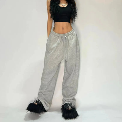 Y2K Gray Wide-Leg Cargo Pants - Vintage Tactical Drawstring Jogger Streetwear for Men & Women