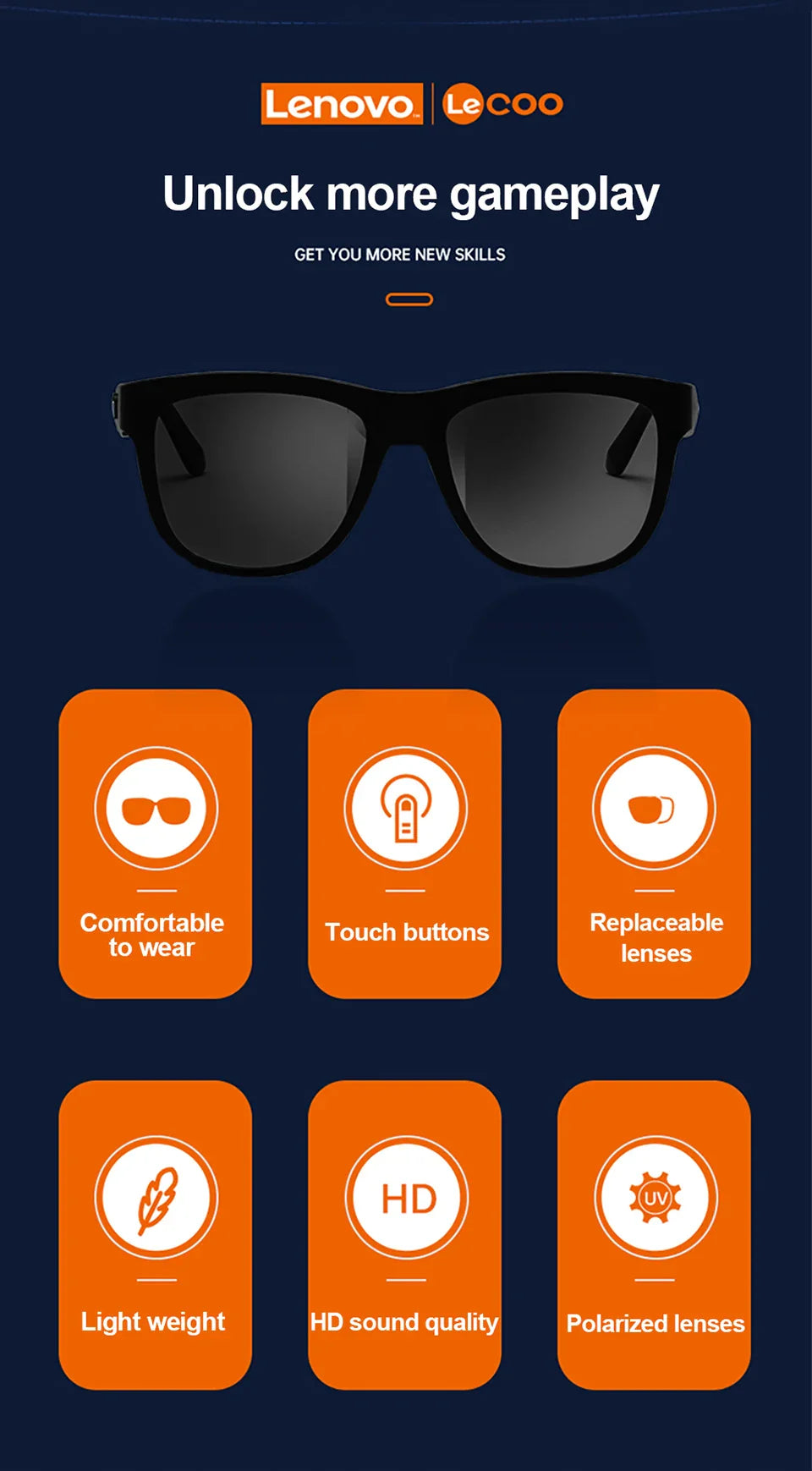 Lenovo Lecoo C8 Lite Bluetooth 5.3 Sunglasses – Wireless HiFi Earphones, HD Calls, Anti-Blue Light for Outdoor & Driving