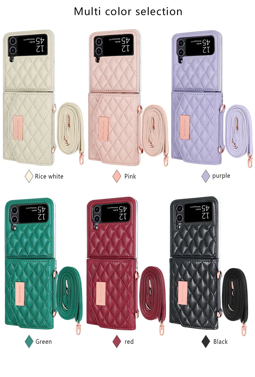VIETAO Leather Wallet Phone Case with Crossbody Strap — Pink Purse Case for Samsung Galaxy Z Flip 3/4/5/6/7